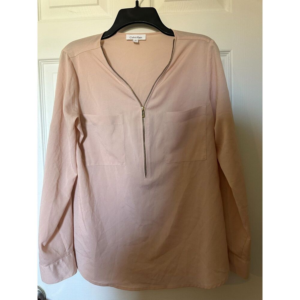 Calvin Klein Women’s Light Pink Long-Sleeve Blouse w/ Zip V‑Neck  Size s